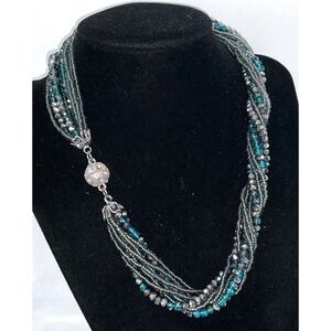 Multi Strand‎ Beaded Necklace Teal Gray Crystal Rhinestone Clasp Statement